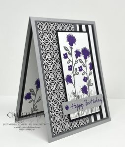 The side view and peek at the inside of a purple wildflower birthday card with gray, black and white used as base and background. This could be used as a masculine card.
