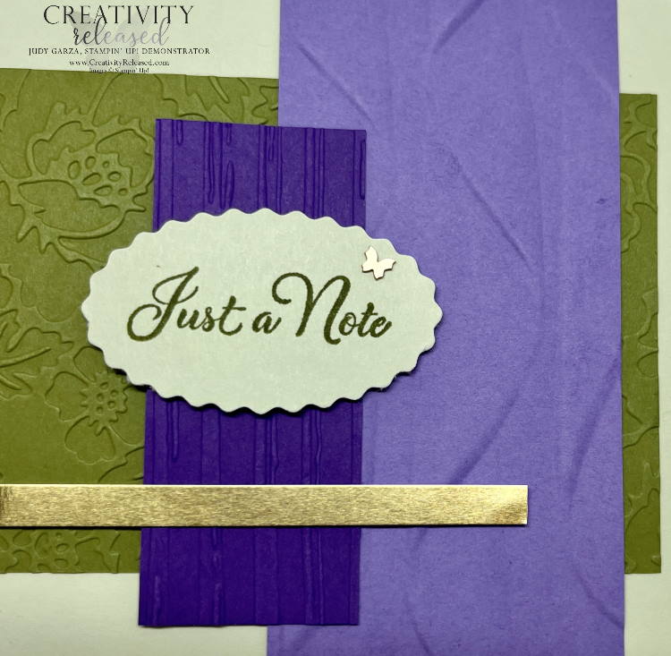 Close-up look at a 'Just A Note' card in greens and purples with lots of textures.