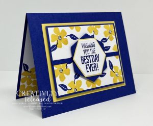 A side view of a blue, yellow and white color challenge CCMC714, using the Framed Occasions stamp set by Stampin' Up!