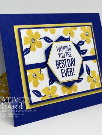 A side view of a blue, yellow and white color challenge CCMC714, using the Framed Occasions stamp set by Stampin' Up!