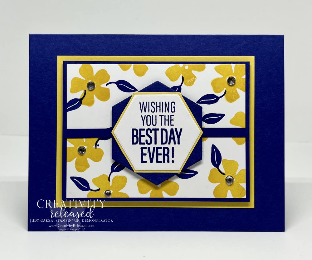 A blue, yellow and white color challenge CCMC714, using the Framed Occasions stamp set by Stampin' Up!