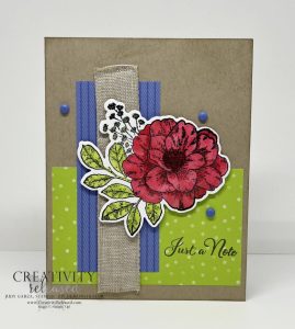 A "Just A Note" card made with the new Stampin' Up! In Colors and the Abigail Rose stamp set.