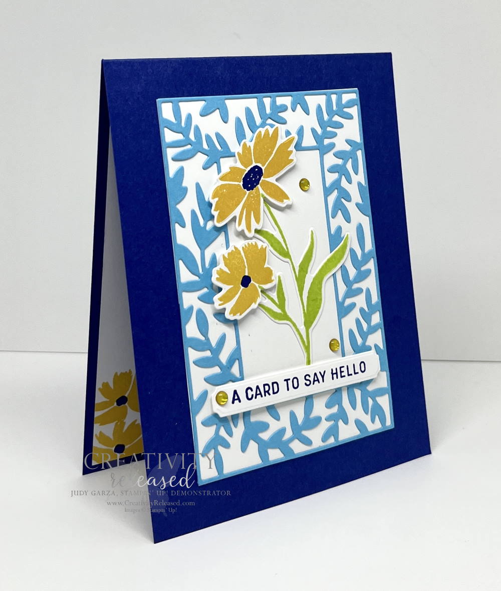 A side view of a card to say hello made with the Stampin' Up! Sending Smiles bundle, the Fancy Frames Dies and ink in Daffodil Delight, Starry Sky and Tahitian Tide.