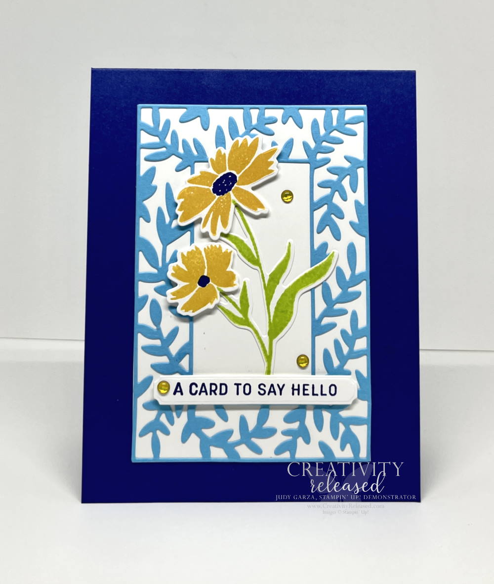 A card to say hello made with the Stampin' Up! Sending Smiles bundle, the Fancy Frames Dies and ink in Daffodil Delight, Starry Sky and Tahitian Tide.