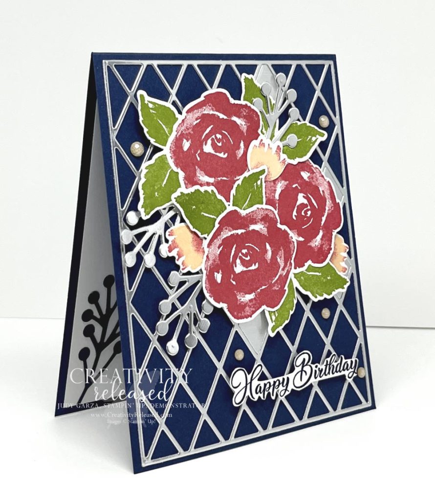 Side view of a birthday card made with the True Beauty Bundle with Night of Navy, Sweet Sorbet and Pale Papaya colors to meet the CCMC Thursday challenge.