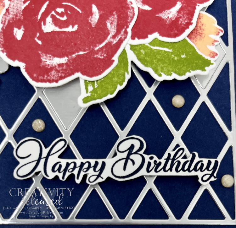 Up-close look of a birthday card made with the True Beauty Bundle with Night of Navy, Sweet Sorbet and Pale Papaya colors to meet the CCMC Thursday challenge.