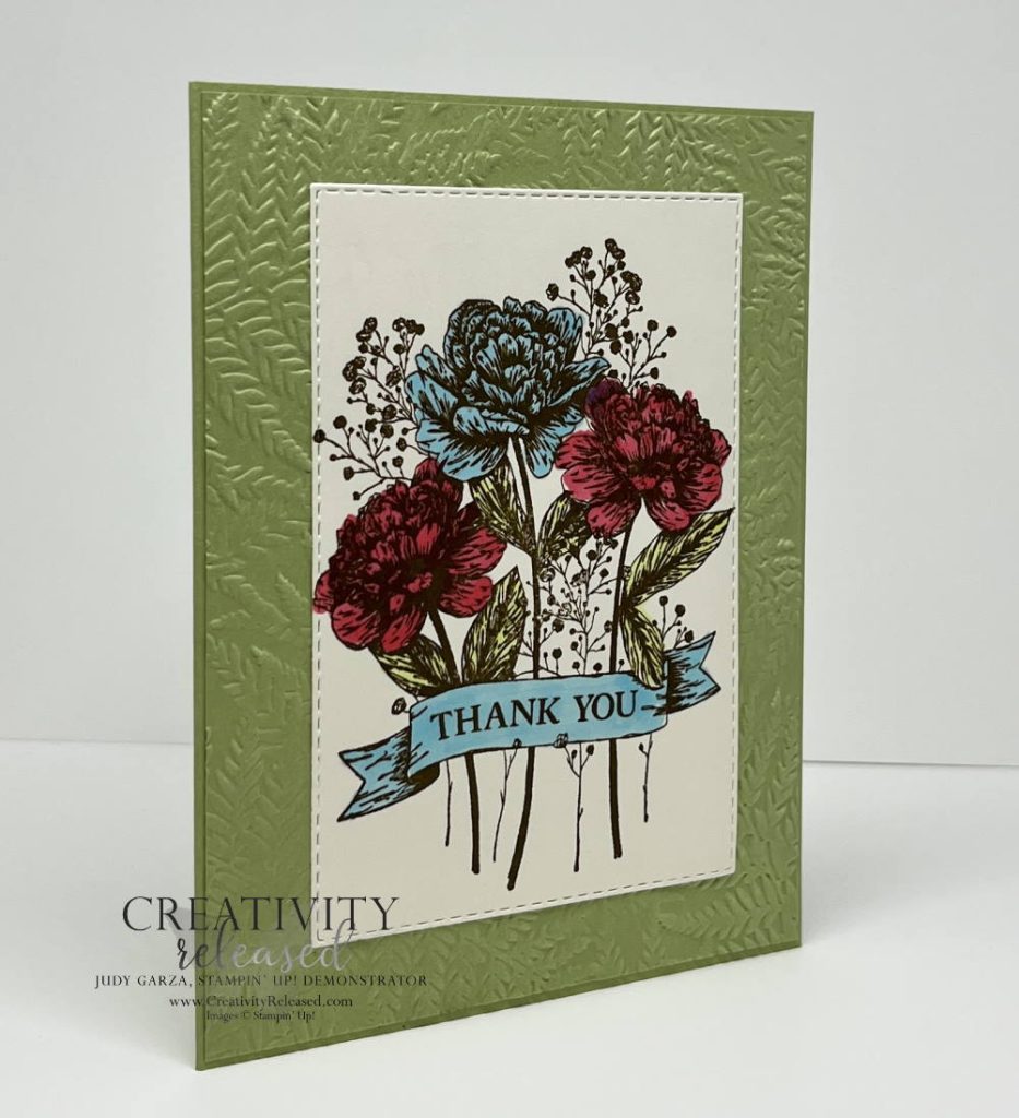 Side view of a bouquet of thanks card colored in Sweet Sorbet, Tahitian Tide and Parakeet Party Stampin' Blends. The bouquet is stamped on Very Vanilla and mounted on a Pear Pizzazz card base.