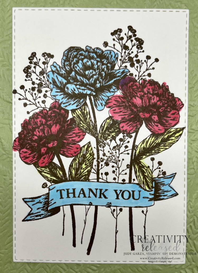 An up-close look at a bouquet of thanks card colored in Sweet Sorbet, Tahitian Tide and Parakeet Party Stampin' Blends. The bouquet is stamped on Very Vanilla and mounted on a Pear Pizzazz card base.