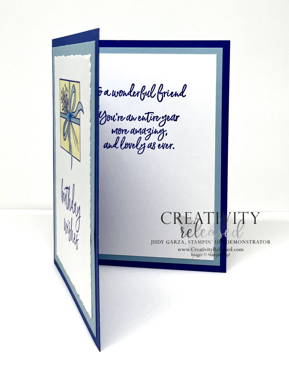 An inside/side view of "birthday wishes" card using Balmy Blue, Orchid Oasis and So Saffron ink and the Amazing Year stamp set by Stampin' Up!