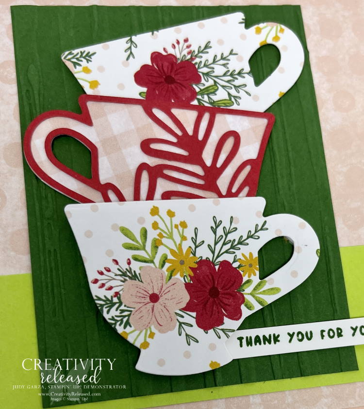 An Up-close look at a Stampin' Up! "Thanks for your friendship" card showing three stacked teacups.