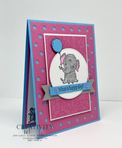 Side view of a "What A Happy Day" card that can be used for welcoming a baby or celebrating a first or a birthday; using the Elephant Parade stamp by Stampin' Up!