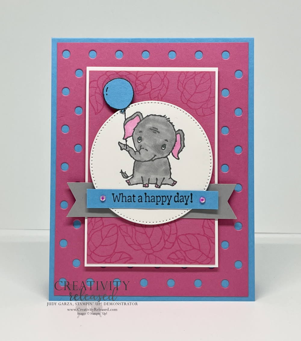 A "What A Happy Day" card that can be used for welcoming a baby or celebrating a first or a birthday; using the Elephant Parade stamp by Stampin' Up!