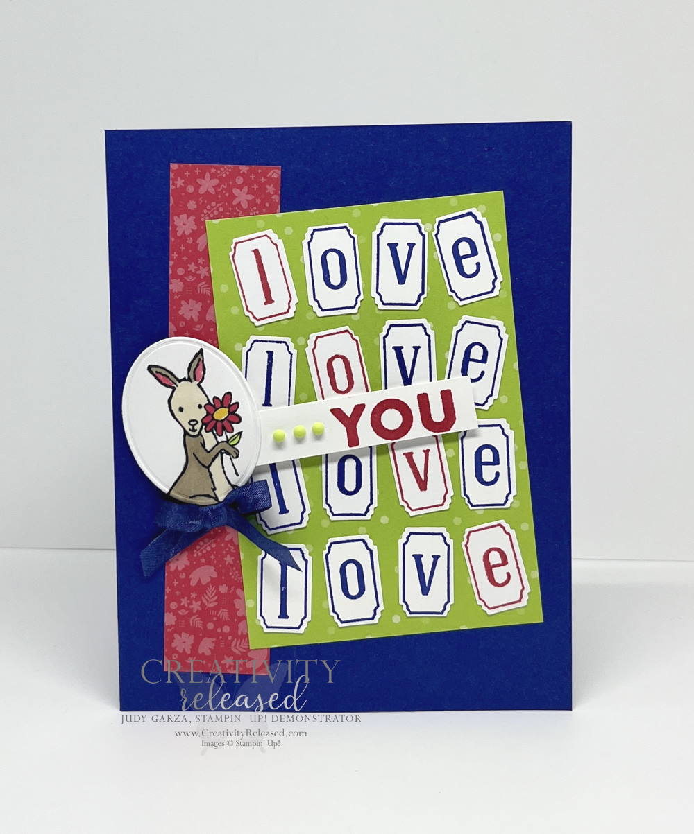 A whimsical card that says LOVE YOU, using the 2022-2024 In-Colors by Stampin' Up!