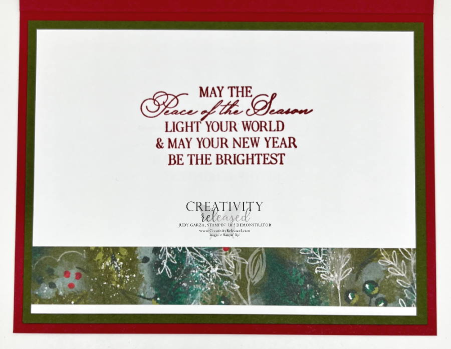 Inside view of a Christmas card made with strips of Boughs of Holly designer paper to meet the CCMC724 challenge.