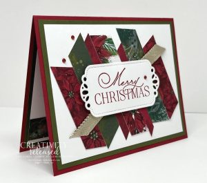 Side view of a Christmas card made with strips of Boughs of Holly designer paper to meet the CCMC724 challenge.