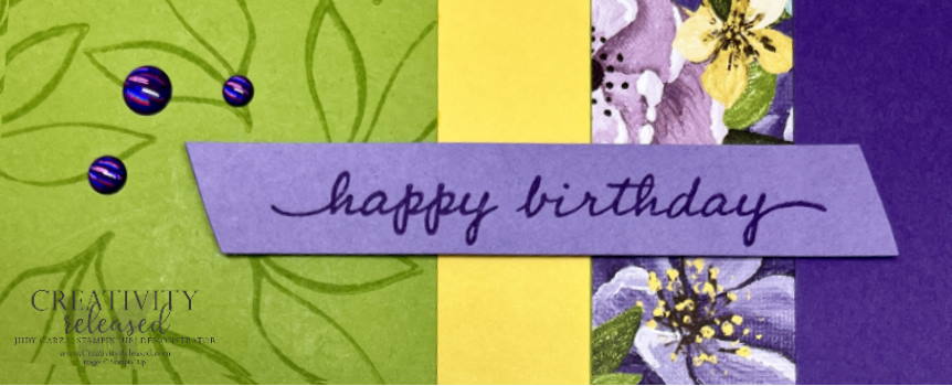 An up-close view of a bright, floral birthday card for the CCMC733 Sketch Challenge.