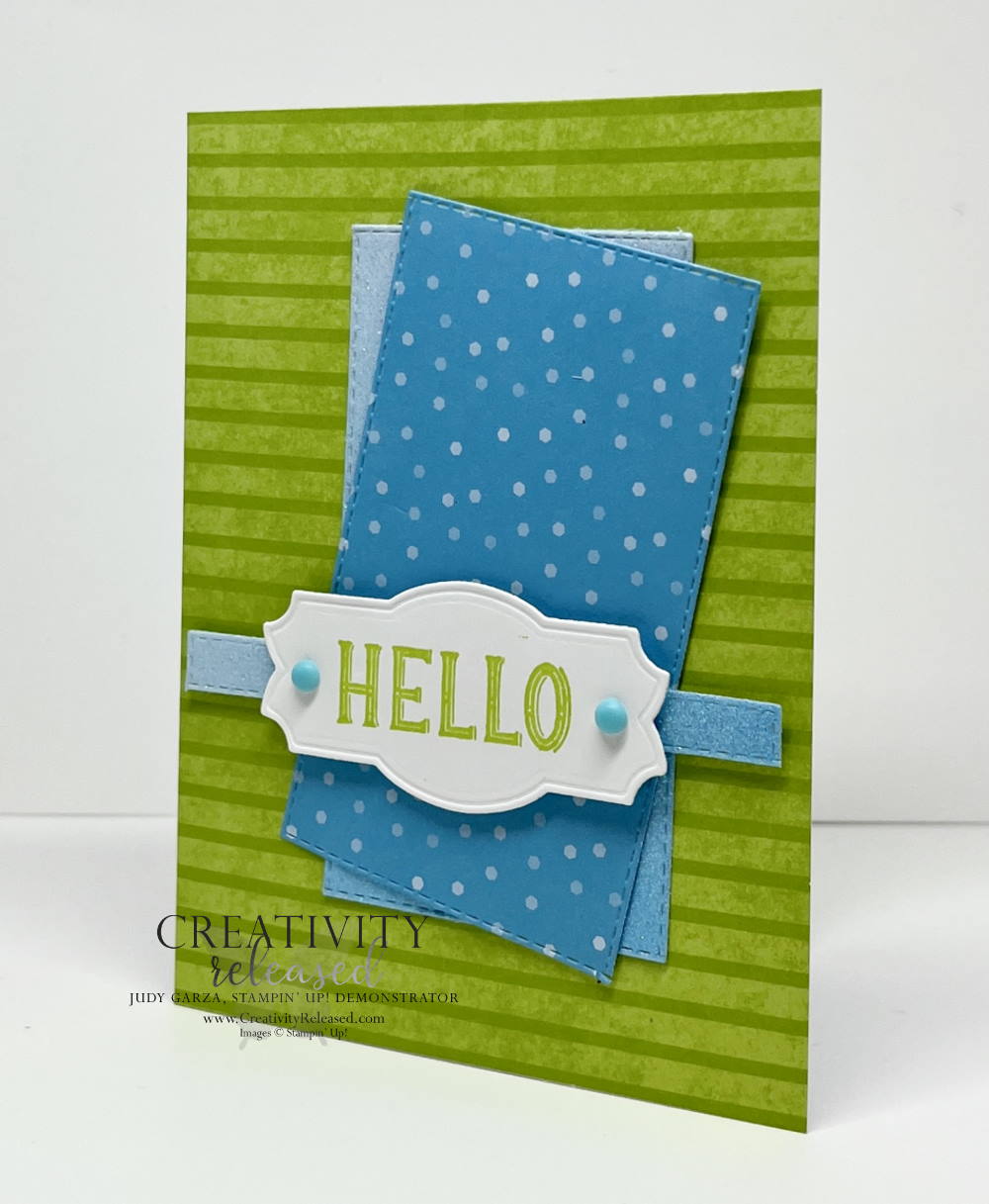 Side view of a bright and shiny "Hello" card using Parakeet Party and Tahitian Tide to meet the CMC735 Sketch Challenge.