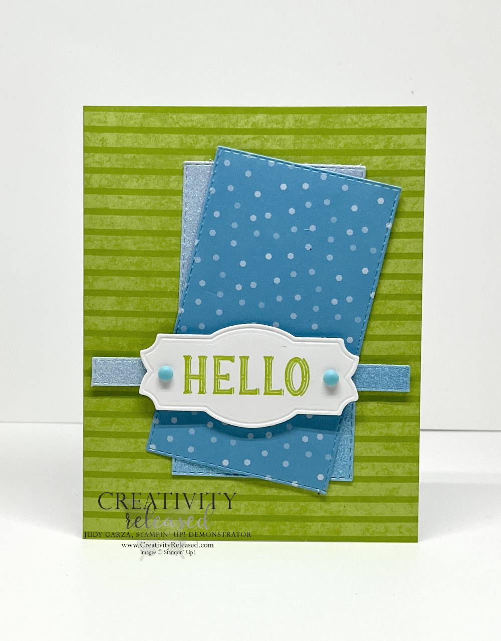A bright and shiny "Hello" card using Parakeet Party and Tahitian Tide to meet the CMC735 Sketch Challenge.