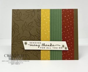 A masculine thank-you card using fall colors for the Stamper's Dozen Color Challenge.