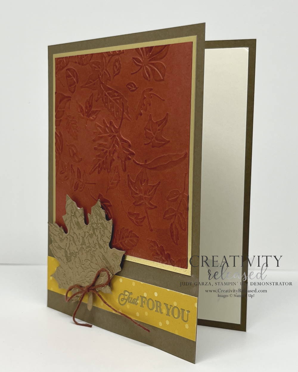 A side view of a "just for you" card with Autumn vibes: autumn colors, maple leaves, etc. 