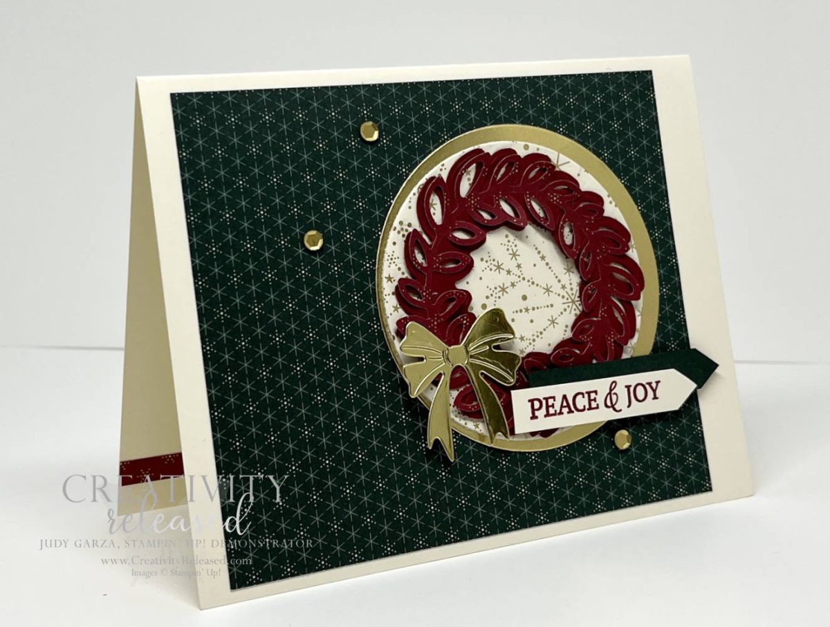 A side-view of a Christmas card using Cottage Wreaths stamp set by Stampin' Up! for the CCMC739 sketch challenge
