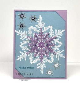 A Merry, Merry Christmas card in Fresh Fresia, Balmy Blue and Silver, showcasing the Snow Chrystal background stamp by Stampin' Up!