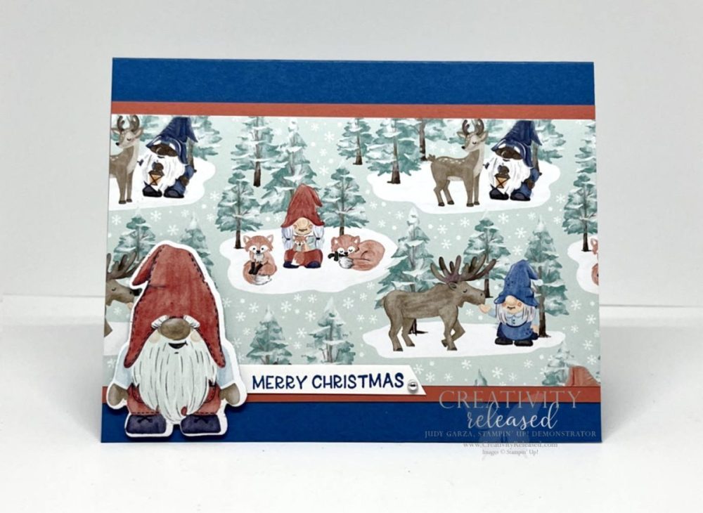 A Christmas Gnome saying Merry Christmas standing in front of several wintry scenes.