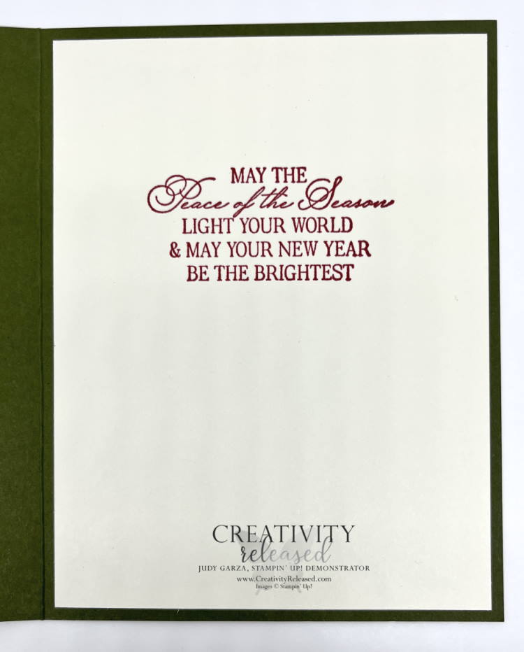 The inside sentiment of the beautiful Christmas card using designer paper filled with poinsettias. 