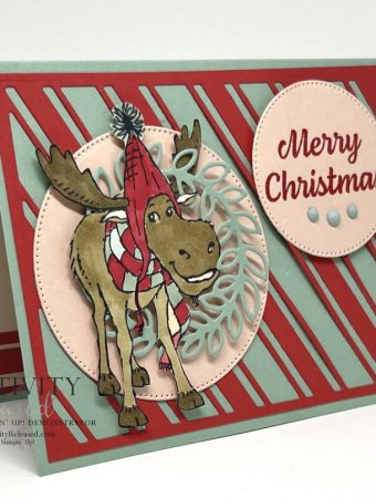 Side view of a whimsical Moose Christmas card using several Stampin' Up! stamp sets and dies in colors Mint Macaron, Poppy Parade and Petal Pink.