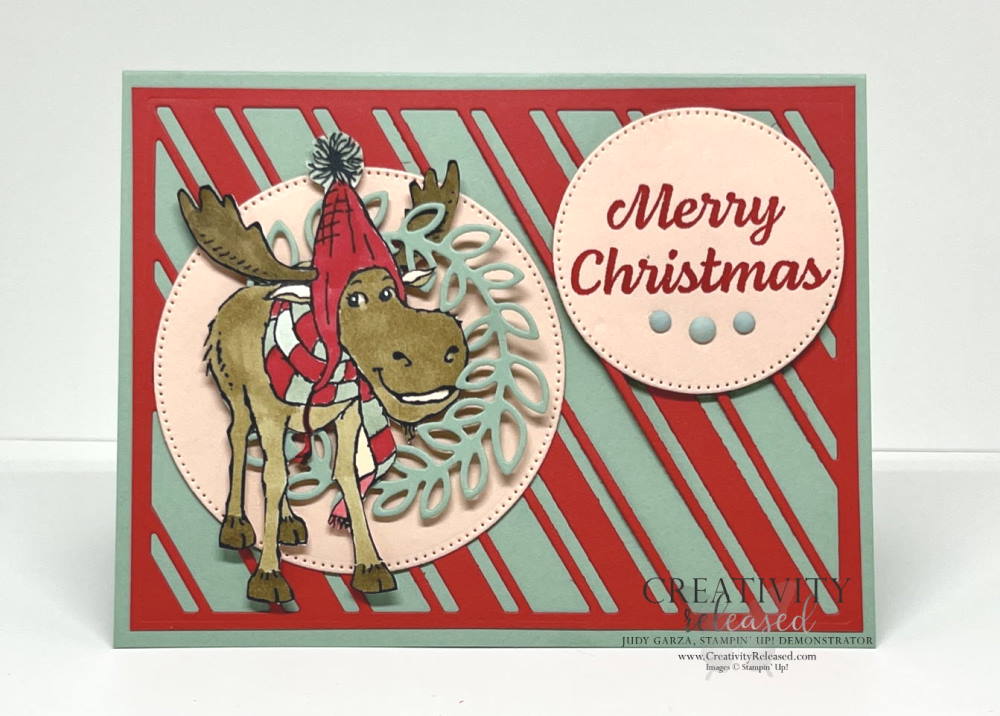 A whimsical Moose Christmas card using several Stampin' Up! stamp sets and dies in colors Mint Macaron, Poppy Parade and Petal Pink.
