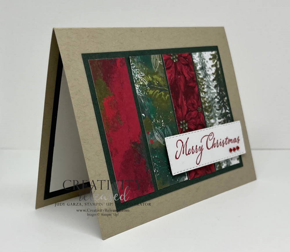 Side-view of a simple Christmas card with a lot of "show" using Stampin' Up! Boughs of Holly DSP.