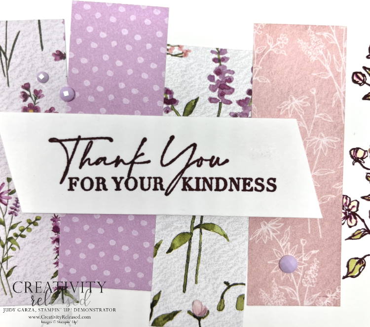 Up-close view of a thank-you card showcasing the Dainty Flowers SAB DSP and Dainty Delight stamp set by Stampin' Up! Features purples and pinks. 
