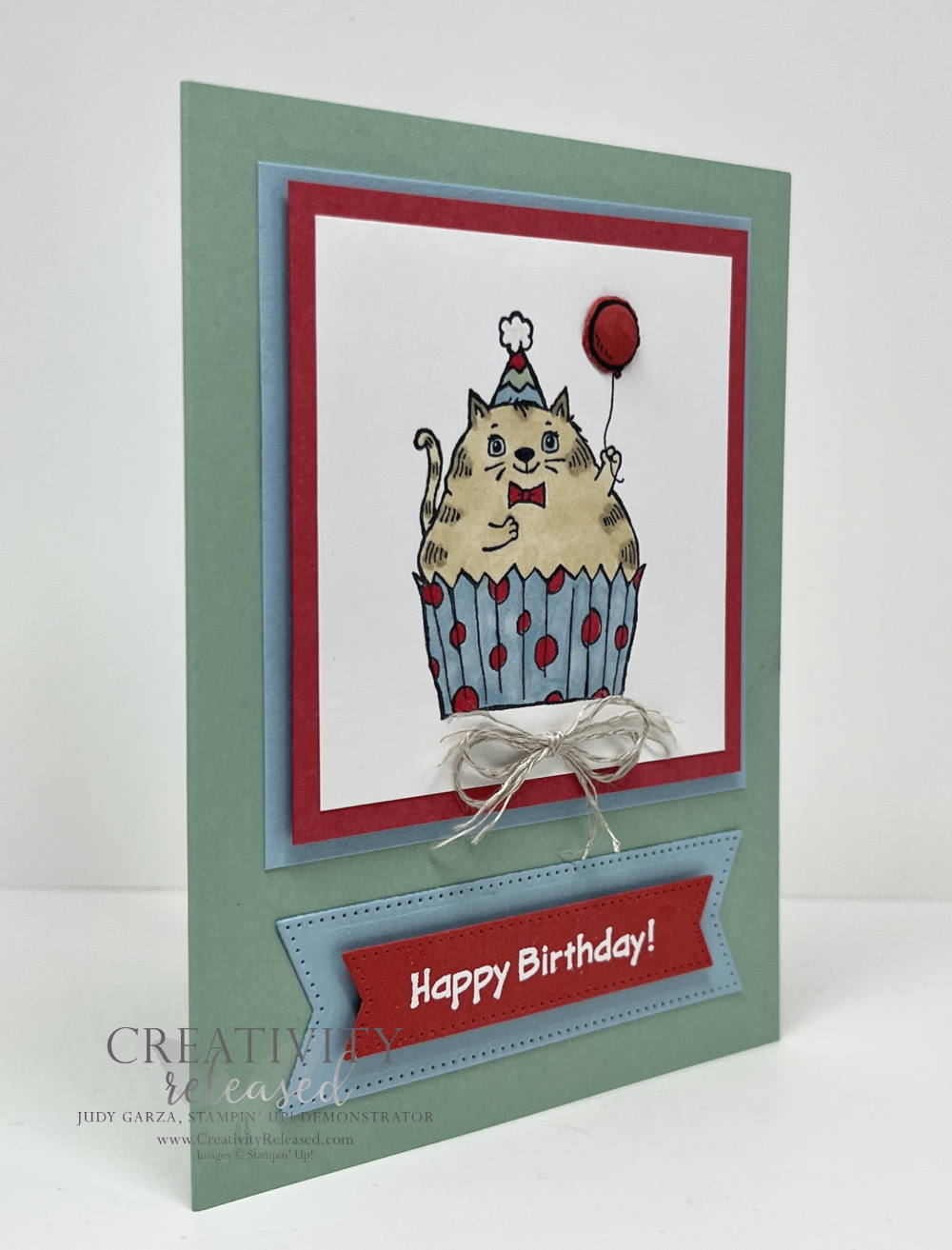 A side-view of a Kitty Cupcake birthday card for the CCMC748 color challenge. Sweet Sorbet, Balmy Blue and Mint Macaron