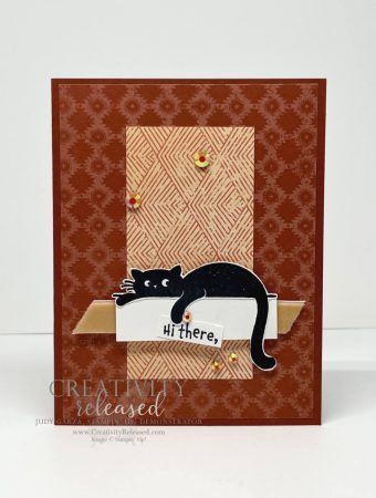 A "Herllo" card featuring a black cat lying on a shelf holding a sign that says "Hi There"