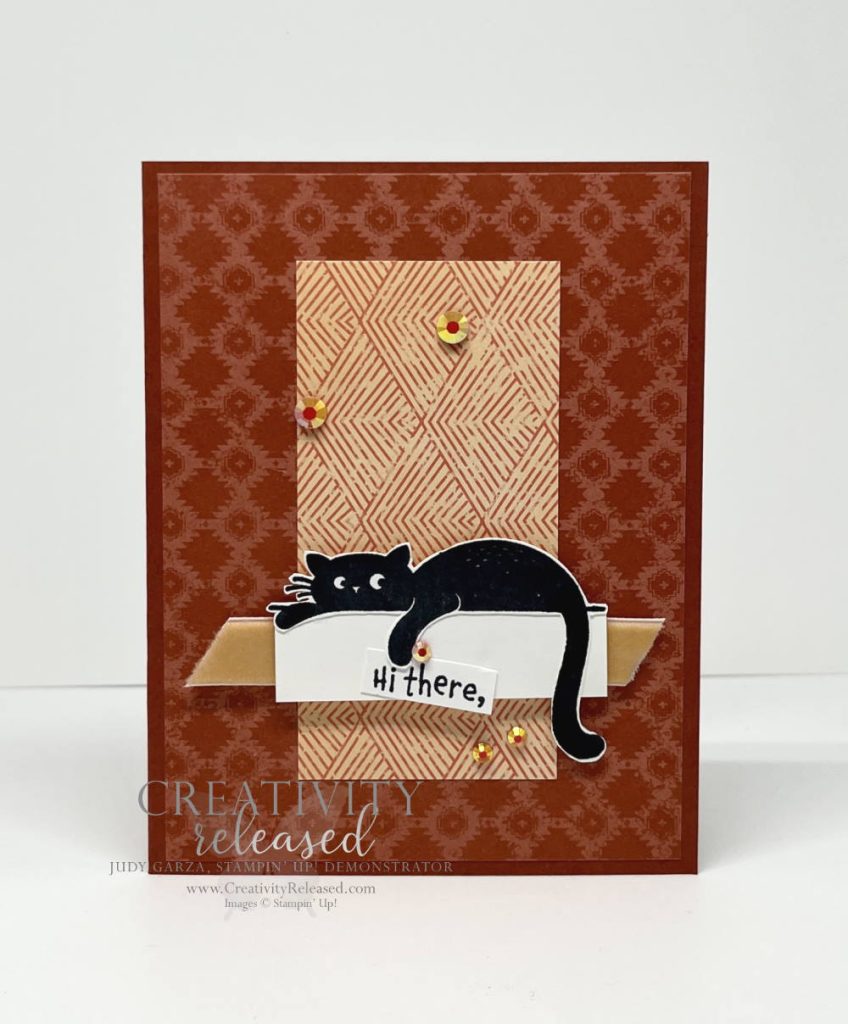 A "Herllo" card featuring a black cat lying on a shelf holding a sign that says "Hi There"