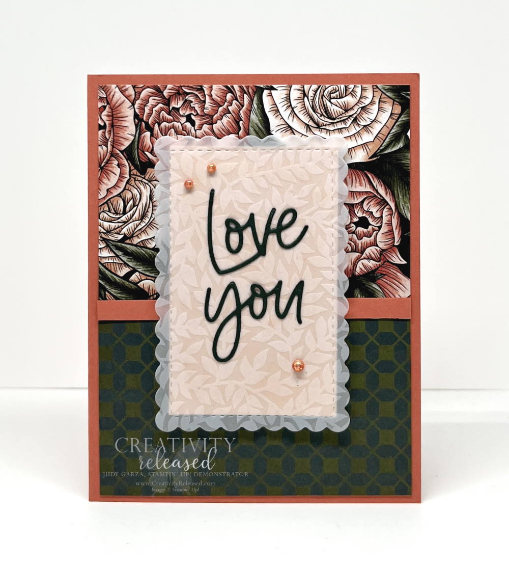 A "Love You" card made with dark greens and coral colors. In my opinion, it is suitable for a masculine Valentine card or a family member.