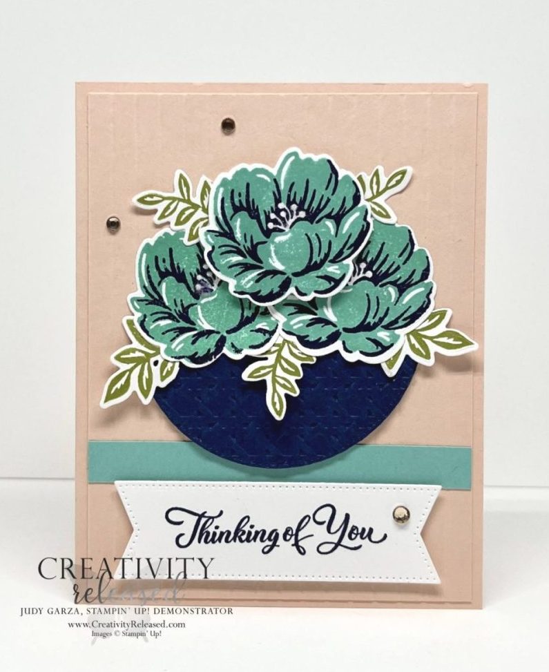 A Thinking of You card for the Night of Navy, Coastal Cabana and Petal Pink color challenge CCMC750 using Two Tone Flora stamp set.