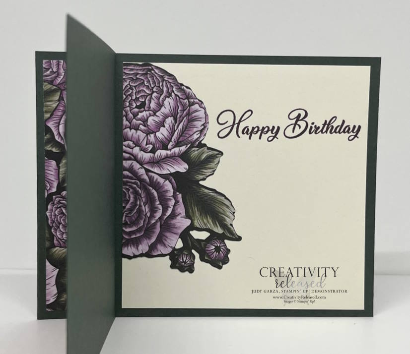 The inside of a fun-fold birthday card for a friend using the Stampin' Up! Favored Flowers DSP that has all the colors in the challenge CCMC752.
