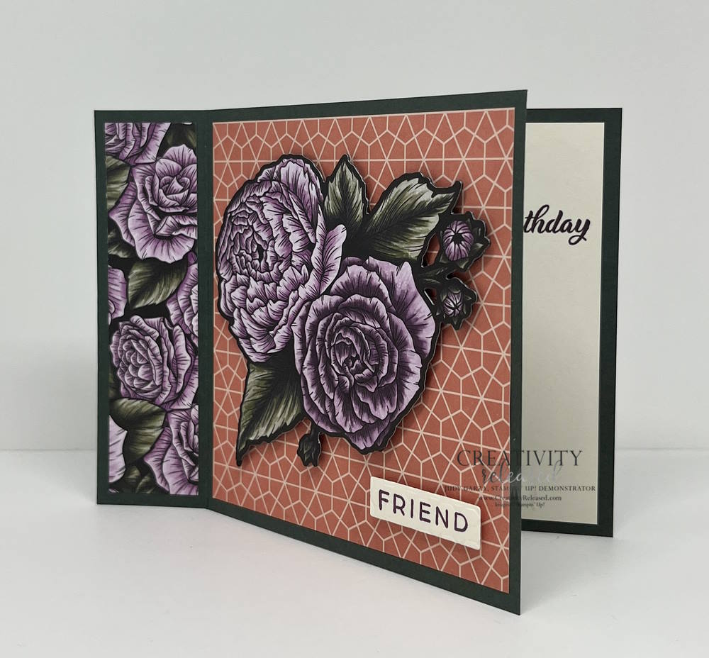 A side view of a fun-fold birthday card for a friend using the Stampin' Up! Favored Flowers DSP that has all the colors in the challenge CCMC752.