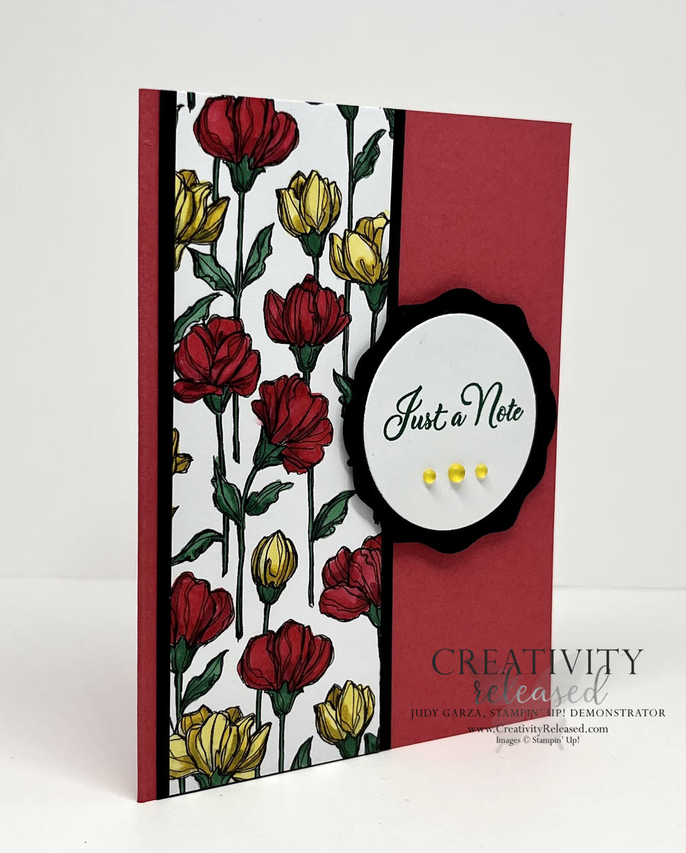 A side view of a Just a Note greeting card made with Perfectly Penciled DSP colored Sweet Sorbet, Mango Melody and Shaded Spruce Stampin' Blends by Stampin' Up!