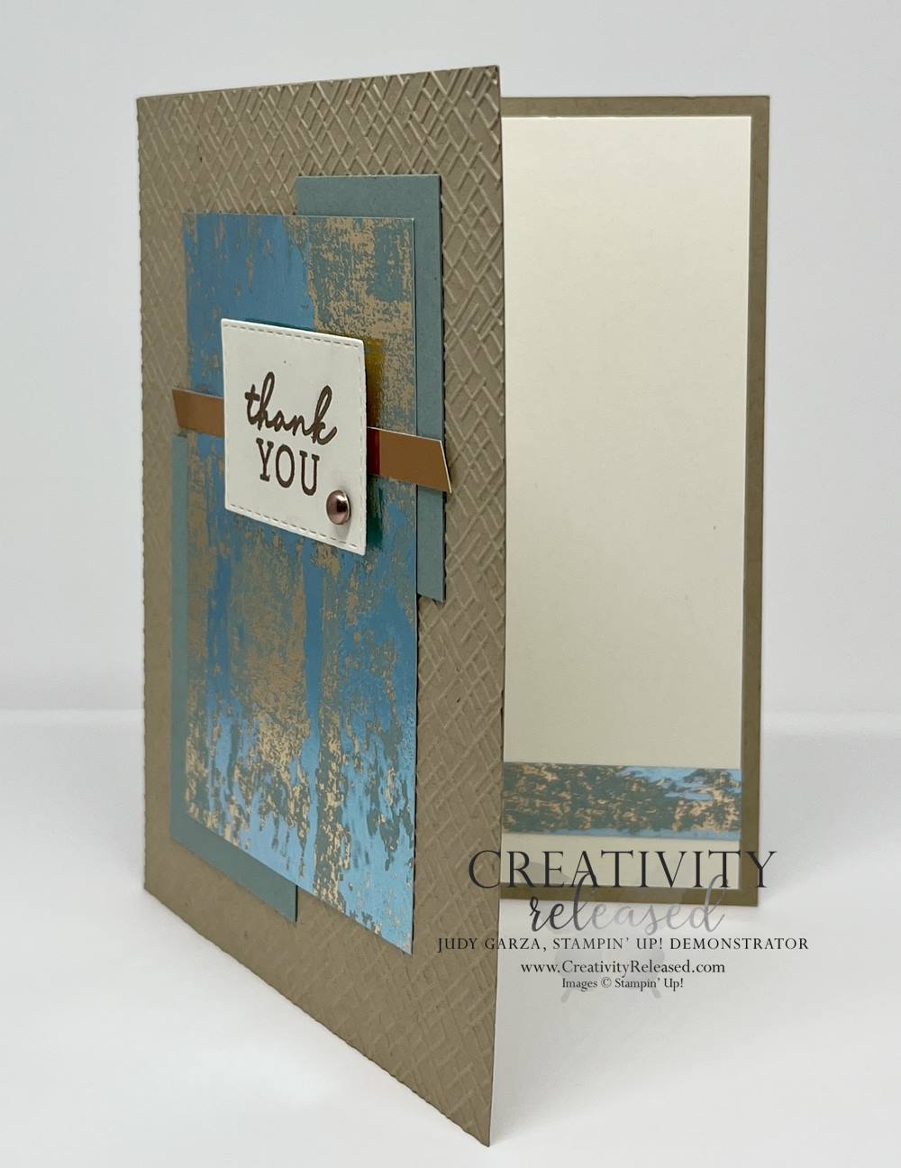 The side view of a thank you note showcasing flashy designer paper. The color pallette is Crumb Cake, Soft Succulent and Copper Foil. All products by Stampin' Up!