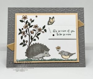 An adorable 'nice of you' thank you card using the Happy Hedgehog stamps by Stampiin' Up!, using Grey Granite, Pale Papaya, and Soft Succulent for the Color Challenge CCMC760