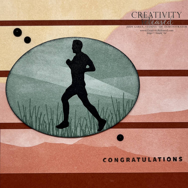 An up-close view of an outdoorsy card of congratulations. A mountainous background with the silhouette of a runner in a focal oval. All products by Stampin' Up!