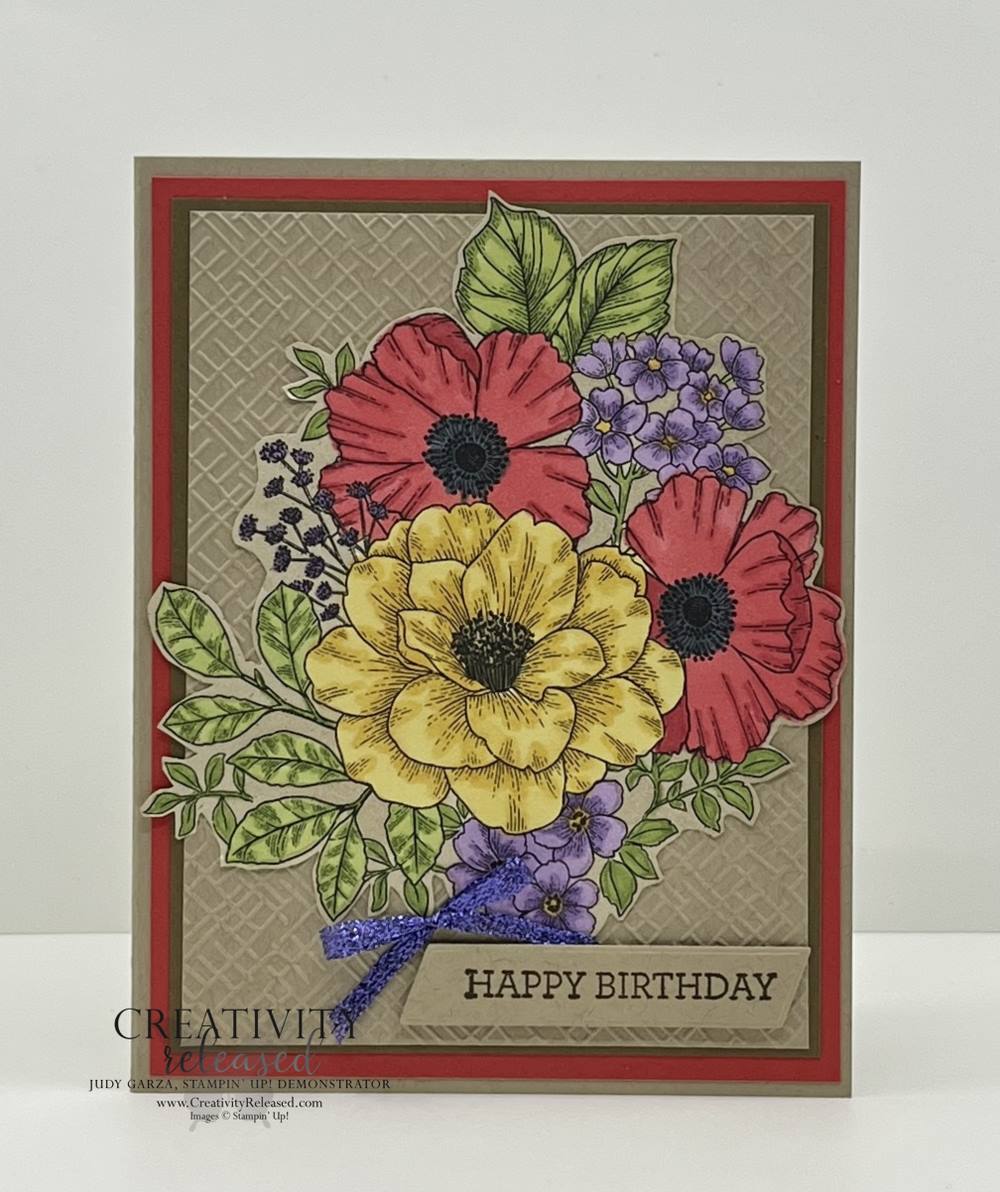Abigail Rose floral designer series paper colored with Stampin' Blends, then fussy cut for the focal point on a birthday card. The flower colors are Poppy Parade, Daffodil Delight and Highland Heather.