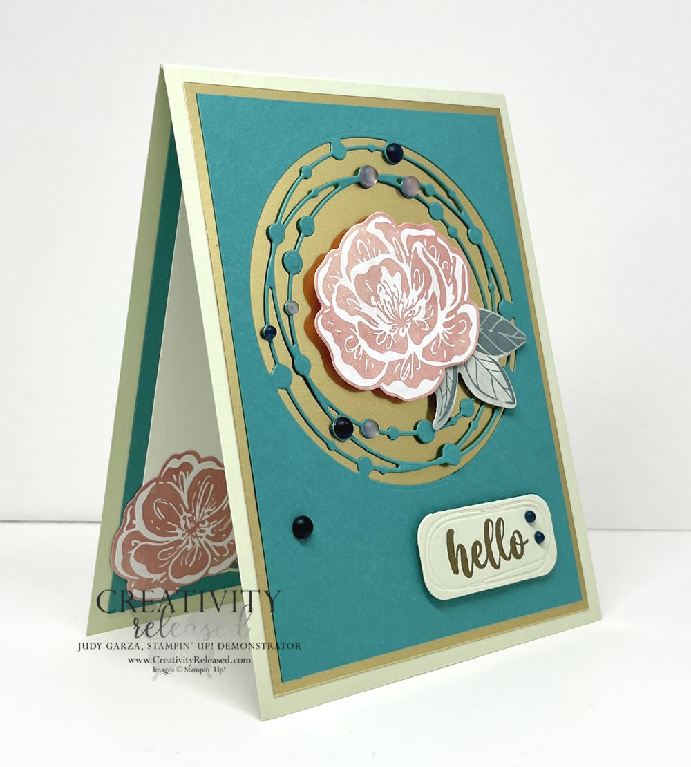A side view of an Irresistible HELLO card featuring the dies and designer paper in this collection from Stampin' Up!