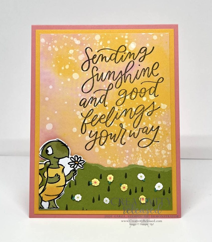A sweet turtle sending sunshine and good feelings in this greeting card created for Create with Connine and Mary's Color Challenge 762, to use Mango Melody, Old Olive and Flirty Flamingo to create a card.