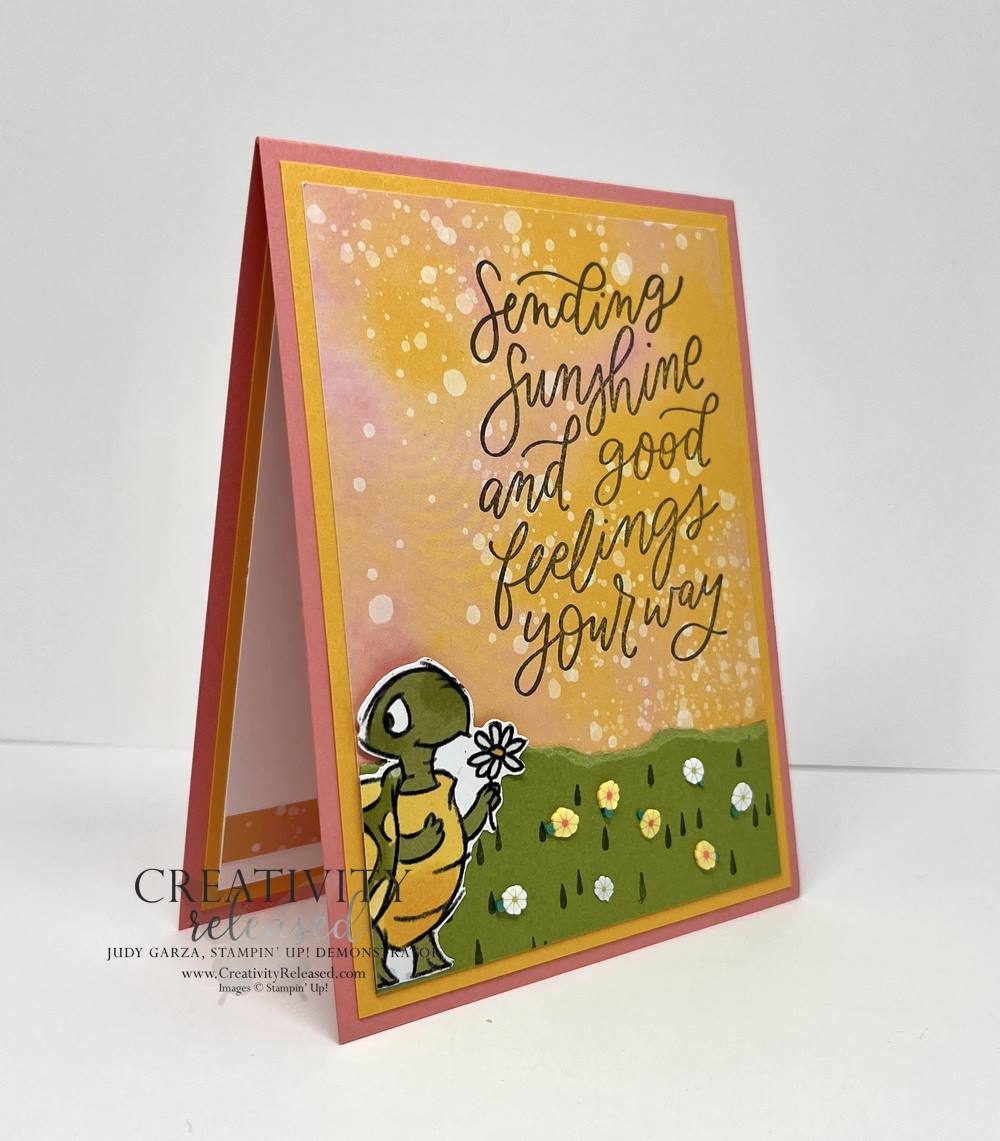 A side view of a sweet turtle sending sunshine and good feelings in this greeting card created for Create with Connine and Mary's Color Challenge 762, to use Mango Melody, Old Olive and Flirty Flamingo to create a card. 