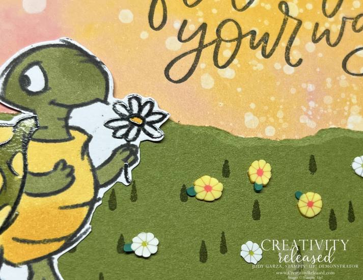 An upclose look at a sweet turtle sending sunshine and good feelings in this greeting card created for Create with Connine and Mary's Color Challenge 762, to use Mango Melody, Old Olive and Flirty Flamingo to create a card. 