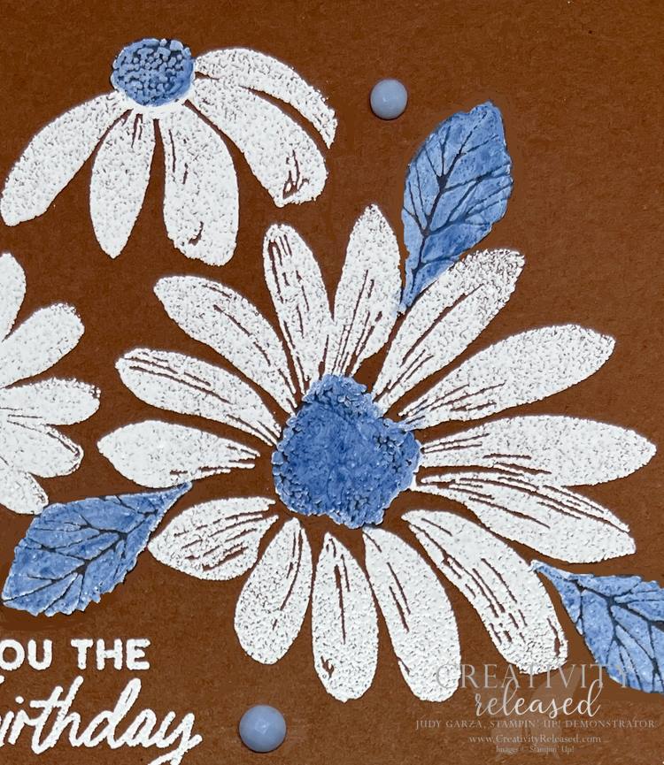 An up-close look at a Copper Clay, Basic White and Boho Blue Daisy birthday card for the CCMC766 Thursday Challenge.
