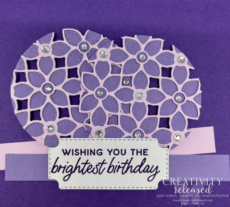 An up-close view of a feminine birthday card made with shades of purple featuring two lovely circles made with the Petal Patterns dies by Stampin' Up!